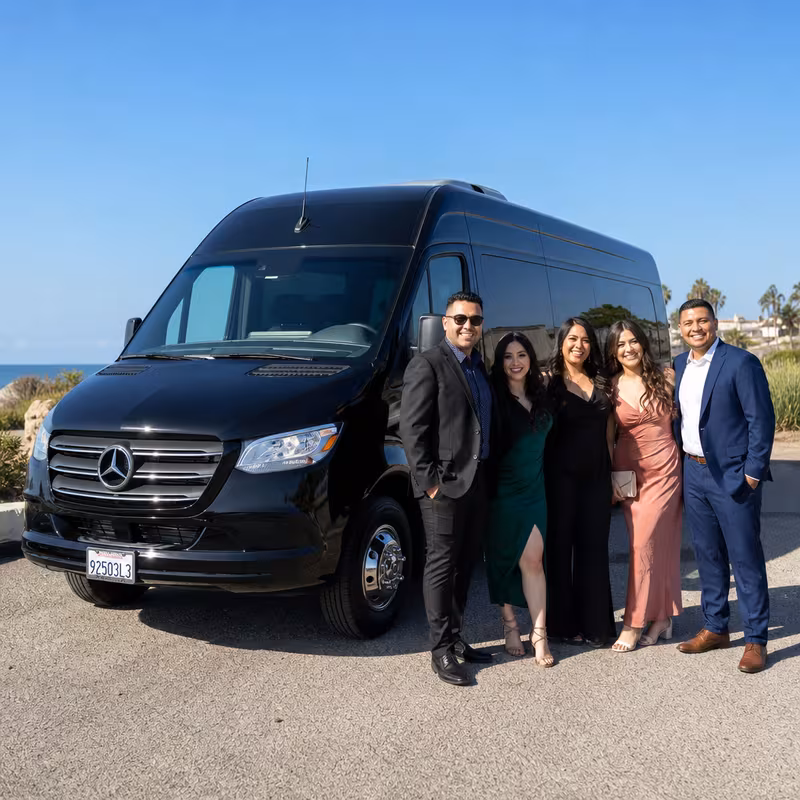 Group beside a Mercedes Sprinter limo from the Oxnard fleet