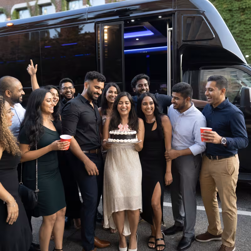 Party bus interior with wraparound leather seating and LED lighting in Oxnard
