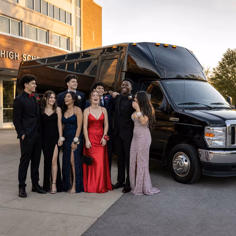 Group boarding a white charter bus for Prom & Homecoming Transportation transportation in Oxnard