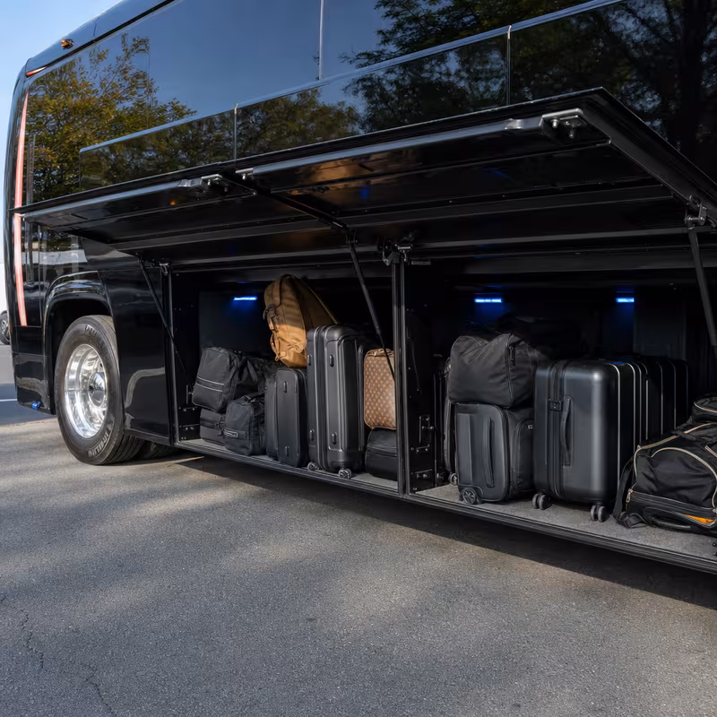 Party bus interior with wraparound leather seating and LED lighting in Oxnard