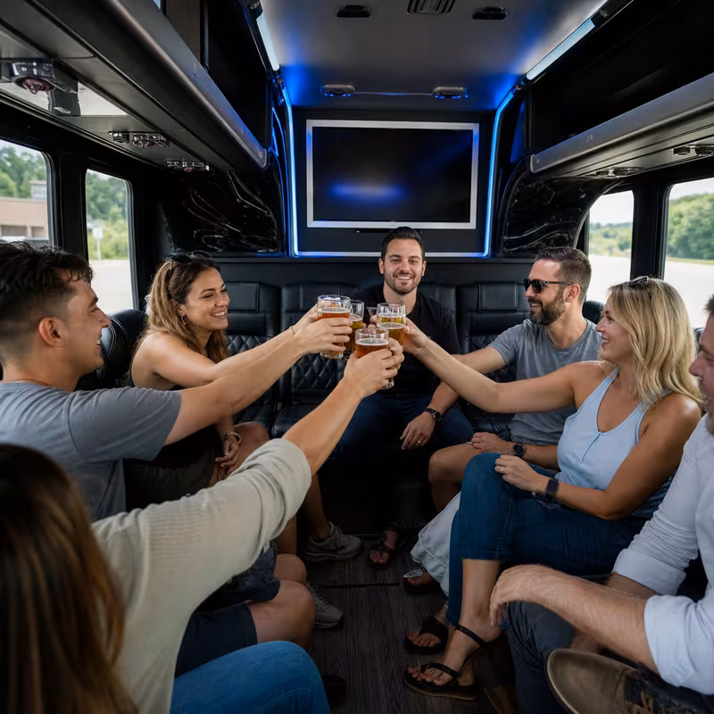 Group boarding a white charter bus for Winery & Brewery Tour Transportation transportation in Oxnard